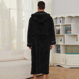 Men's Plush Fleece Hooded Bathrobe Black L Size Shawl Collar Dressing Gown - Thick Warm Soft Winter V888-ELOSUNG54508