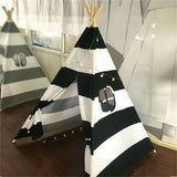 Kids Teepee Tent Linen Wood Black White Stripe Playhouse Indoor Garden V178-66795