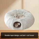 Grey Foldable Cat Tunnel Bed - Plush 2-in-1 Pet Nest with 26cm Wide Opening, Non-Slip Base and V888-ELOSUNG53674