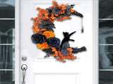 Halloween Moon & Cat Wreath with Lights - Gothic Black Branch Wreath for Front Door, Indoor/Outdoor V1366-AZ2-W-16564