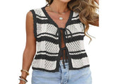 Women'S Sleeveless Striped Sweater Vest V Neck Tie Front Crochet Knit Tank Tops Black L V1192-AZ-W-20799