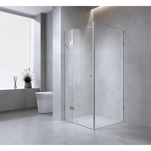 100x90cm Corner Frameless Shower Screen with Chrome Brackets and Brass Hinges, Round Handle V63-944151