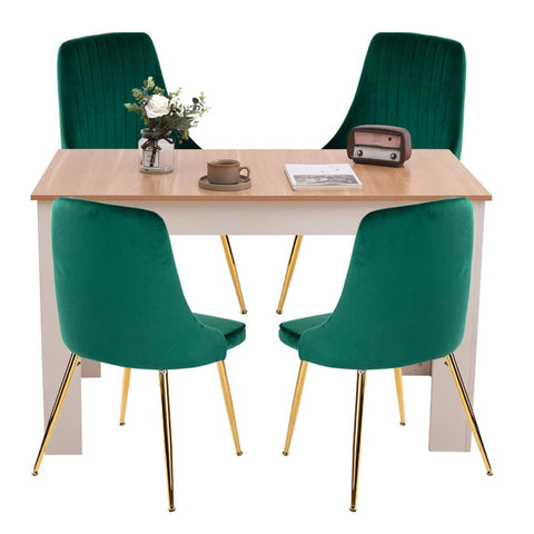 Natural Rectangular Dining Table with 4x Green Velvet Chairs V264-DNT-409C-NTR-DNC-414V-GRN-4