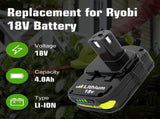 18V P108 Ryobi 18V Battery Replacement P117 Charger Lithium-Ion Battery Power - Black - Size Charger V1107-DSZ-TOOL-001-BLK-CHARGER