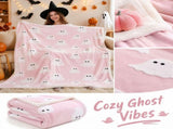 Soft Flannel 2D Ghost Print Throw Blanket, Pink Cute Ghost Plush Blanket, Cozy Lightweight Polyester V1366-AZ2-W-24793