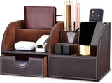 PU Leather Desk Organizer with 6 Compartments and Drawer, Storage Box for Pens and Office Supplies, V1237-ZY-917-142