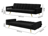 Levede Sofa Bed Convertible Velvet Lounge Recliner Couch Sleeper 3 Seater Black SOFABED1005-BK