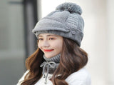 Women Winter Hat Set of 4 , Winter Beanie with Buttons Scarf Facial Cover and Touch Screen Gloves V1369-AZ3-W-12413