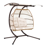 Gardeon Outdoor Egg Swing Chair Wicker Furniture Pod Stand Canopy 2 Seater Latte HM-EGG-FOLD-D-CR