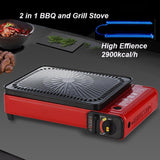Portable Gas Stove Burner Butane BBQ Camping Gas Cooker With Non Stick Plate Red with Fish Pan and V255-JYT-001-RD