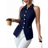 Women'S Halter Neck Vest with Lapel Collar and Button Down Design for Business Casual Wear XXL V1192-AZ-W-20750