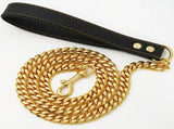 Premium Cuban Link Dog Leash with Genuine Leather Handle Heavy-Duty Stainless Steel Pet Walking V1341-ZY-V4WZ94XP-GOLD-120CM472IN