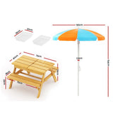 Keezi Kids Outdoor Table and Chairs Picnic Bench Umbrella Set Water Sand Pit Box ODF-B-KID-PICNIC-UM-NAT