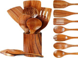 9 Piece Wooden Cooking Utensil Set, Heat Resistant Non Scratch Spoons And Spatulas With Holder, For V1237-ZY-807-025