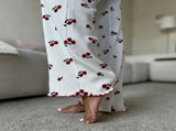 White Base Cherry Size M Flared Sleeve Ruffle Trim Sleepwear Set Halloween Daily Casual Gift V1221-XM-LB7135-GM185