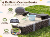 Keezi Kids Sandpit Sandbox With Cover 4 Seats Outdoor Sand Box Brown SAND-PE-SQUARE-BR