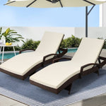 Gardeon 2PC Sun Lounge Wicker Lounger Outdoor Furniture Beach Chair Patio Adjustable Cushion Brown FF-LOUNGE-ARM-BRX2