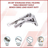 2x 20" Stainless Steel Folding Table Bracket Shelf Bench 50kg Load Heavy Duty V63-836671