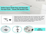 10x10cm Square Shower Drain with Removable Tile Insert Grate Stainless steel 304SS, CUPC Certified V63-955491