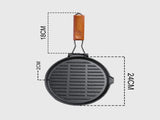 SOGA 2X 24cm Round Ribbed Cast Iron Steak Frying Grill Skillet Pan with Folding Wooden Handle ZPAI026X2