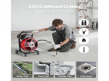 Drain Cleaner Machine 15m x 13mm, Manual Feed Sewer Snake Auger on Wheels - with 4 Cutters & V952-SDJJKLSGDSTJWGUIY002V3