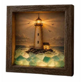 Coastal Lighthouse Sea Glass Shadow Box Night Light, Handmade Sea Glass Shadow Box with LED Warm V1366-AZ2-W-15291