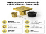 10x10cm Square Shower Drain with Grid Pattern Grate Brushed Gold 304SS, CUPC Certified with Hair V63-955581