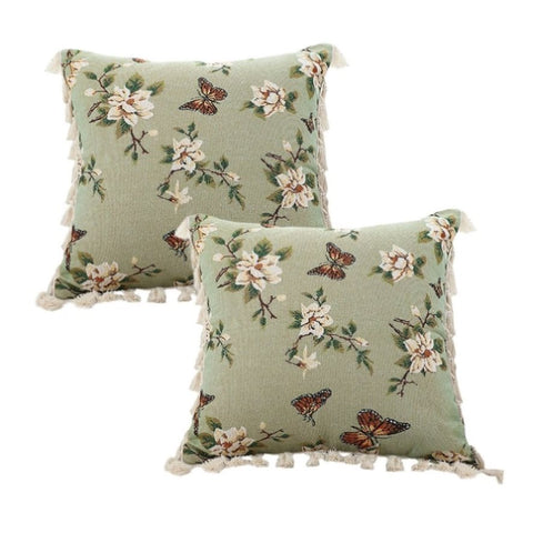 SOGA 2X 45cm Matcha Green French Vintage Butterfly Loves Flowers Tassel Throw pillow FRENCHCUSHION249X2