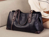 Top-Grain Leather Contrast Tote Large Capacity Commuter Shoulder & Handbag, Fabric Lining. V1232-ZPDJB-002