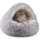 Grey Winter Long Plush Round Donut Cat Bed XL Size Dia 60CM - Soft Fluffy Semi-Enclosed Pet Cave Bed V888-ELOSUNG52469