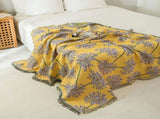Yellow & Purple Floral Woven Throw Blanket - Chic Botanical Print with Tassels, Cotton Blend Sofa & V888-ELOSUNG32001