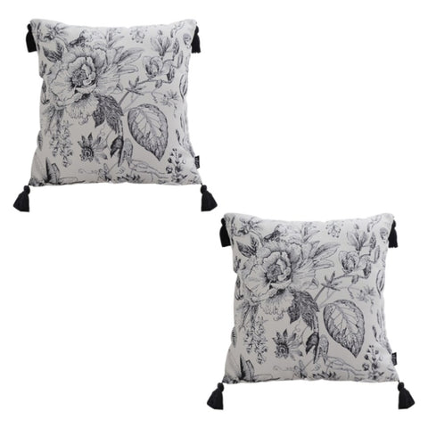 SOGA 2X 50cm Throw Pillow Black and White Elegant Floral Print with Tassel Accents Home Decor FRENCHCUSHION341X2