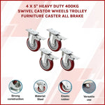 4 X 5" Heavy Duty 400kg Swivel Castor Wheels Trolley Furniture Caster All Brake V63-824111