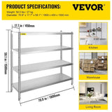VEVOR Storage Shelf, 4-Tier Stainless Steel Shelving, Storage Shelving Unit, 70.9 x 17.7 x 59.1 Inch V952-BXGHJYCCBD72413JDV0