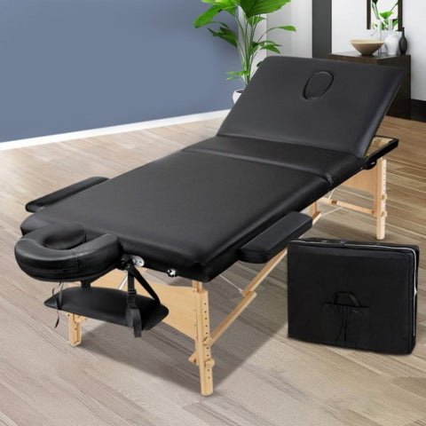 Zenses Massage Table 70cm Portable 3 Fold Wooden Beauty Bed Black MT-WOOD-F3-BLACK-70
