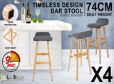 4X Wooden Bar Stool Dining Chair Fabric SOPHIA 74cm GREY V274-FT-WBSFAB-84GY4