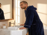 Men's Plush Fleece Hooded Bathrobe Blue XL Size Shawl Collar Dressing Gown - Thick Warm Soft Winter V888-ELOSUNG54505