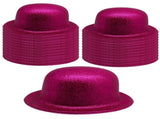 24x GLITTER BOWLER HAT Fancy Party Plastic Costume Cap Fun Dress Up Sparkle BULK - Hot Pink V563-24GLTRBWLRHAT-HOTPNK