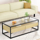 Artiss Coffee Table 2 Drawers Glass Tabletop Pine FURNI-G-COF-02-WDBK