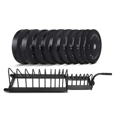 CORTEX 150kg Black Series V2 Rubber Olympic Bumper Plate Set 50mm with 16 Plate Toaster Rack V420-CSWP-OBPV2ST-E