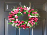 15" Artificial Tulip Wreath for Front Door Spring Summer Silk Flower with Green Leaves,All-Season V1366-AZ2-W-16383