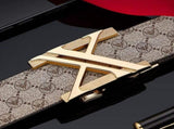 Men'S Genuine Leather Belt X-Shaped Buckle Men'S Accessories Trendy Belt - Khaki strap with gold V1347-918-19716-KHA-130CM