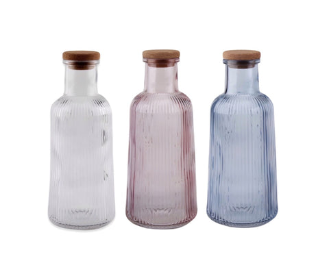 bulk 12 Ribbed Glass Bottle With Cork Lid 1lt 3 Assorted 8x28cm V637-KIT35078