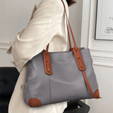 Top-Grain Leather Contrast Tote Large Capacity Commuter Shoulder & Handbag, Fabric Lining. V1232-ZPDJB-003