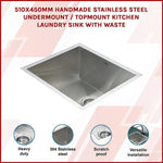 510x450mm Handmade Stainless Steel Undermount / Topmount Kitchen Laundry Sink with Waste V63-770055