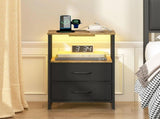 Black and Brown Nightstand with LED Light, Charging Station, and Storage - 60x40cm V178-59300