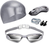 Gray Swim Goggles Set with Cap, Nose Clip, Earplugs & Case Anti-Fog UV Protection for Men & Women V1107-GRAY SWIM GOGGLES SET