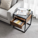 VASAGLE Side Table Tempered Glass End Table with Drawer and Shelf Rustic Brown and Black V227-9101402100317
