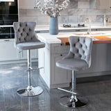 4x Height Adjustable Swivel Bar Stool Velvet Stud Barstool with Footrest and Chromed Base- Gray V226-SW1712GY-2