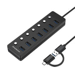 Simplecom CH375C USB-A and USB-C to 7-Port USB 3.0 Hub 5Gbps Individual Switches and Power Adapter V28-SIMCH375C